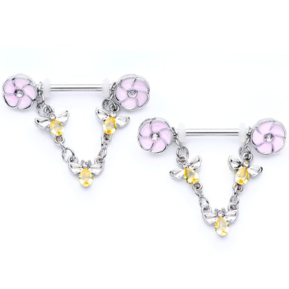 14G 5/8 Yellow Clear Gem Bee Flower Dangle Nipple Ring Set