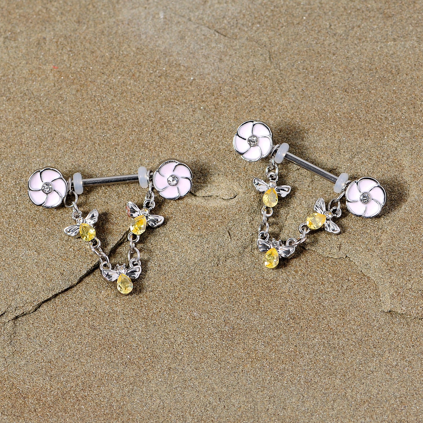 14G 5/8 Yellow Clear Gem Bee Flower Dangle Nipple Ring Set