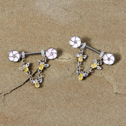 14G 5/8 Yellow Clear Gem Bee Flower Dangle Nipple Ring Set