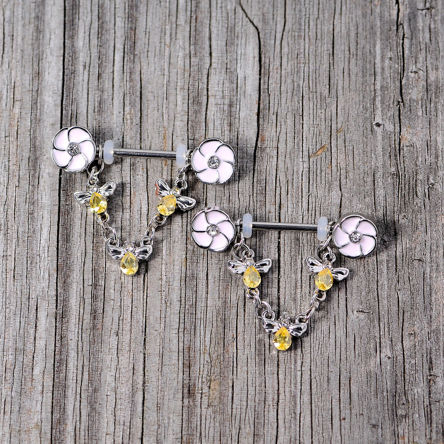 14G 5/8 Yellow Clear Gem Bee Flower Dangle Nipple Ring Set