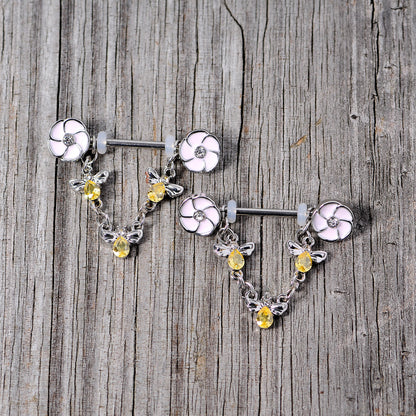 14G 5/8 Yellow Clear Gem Bee Flower Dangle Nipple Ring Set