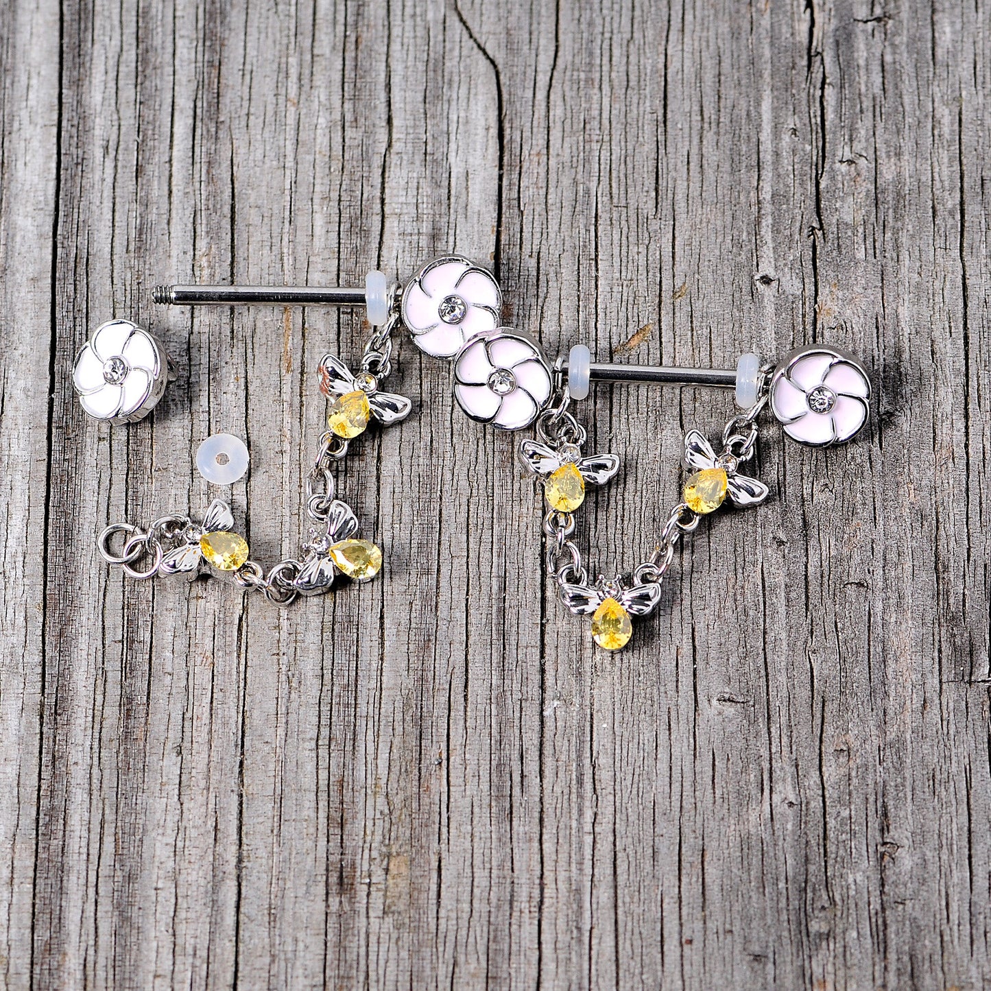 14G 5/8 Yellow Clear Gem Bee Flower Dangle Nipple Ring Set