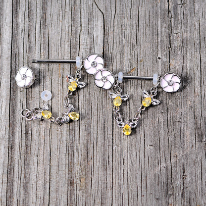 14G 5/8 Yellow Clear Gem Bee Flower Dangle Nipple Ring Set