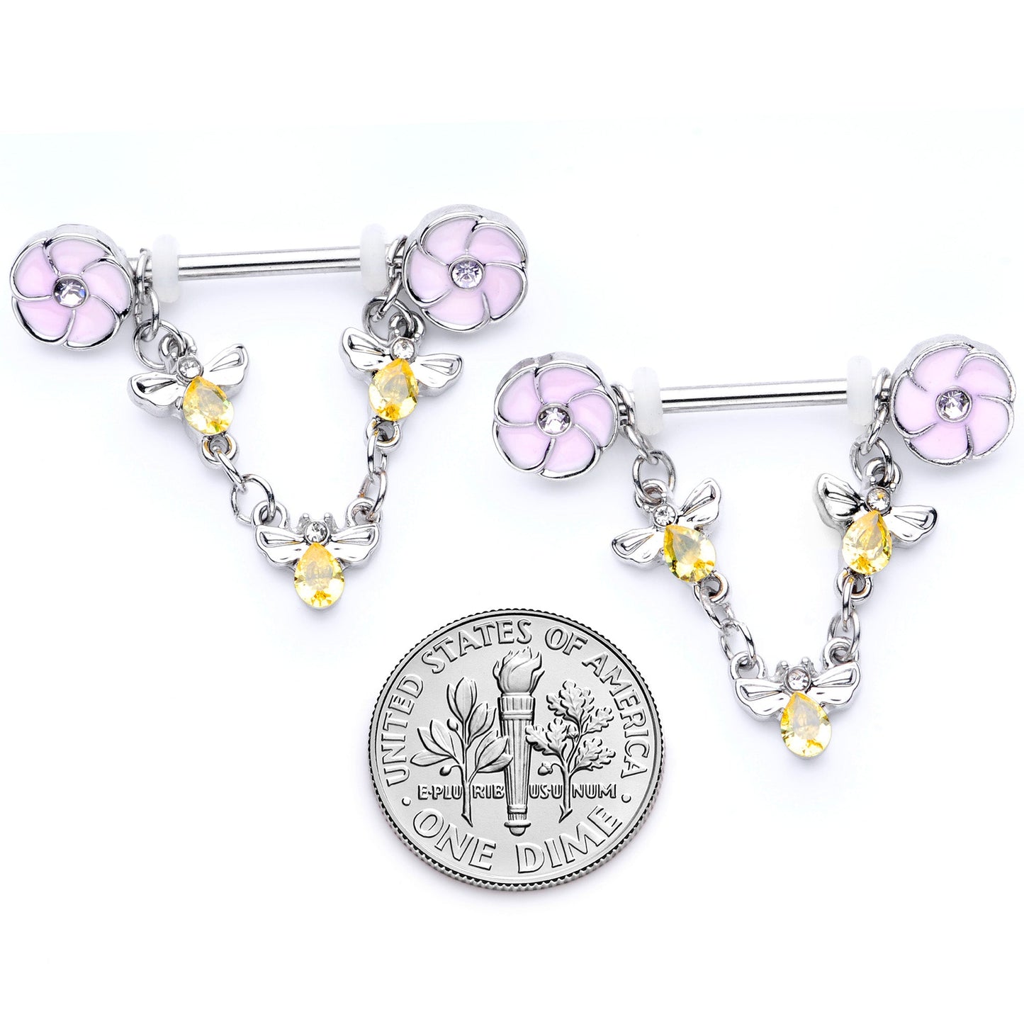 14G 5/8 Yellow Clear Gem Bee Flower Dangle Nipple Ring Set
