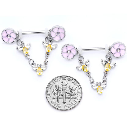 14G 5/8 Yellow Clear Gem Bee Flower Dangle Nipple Ring Set