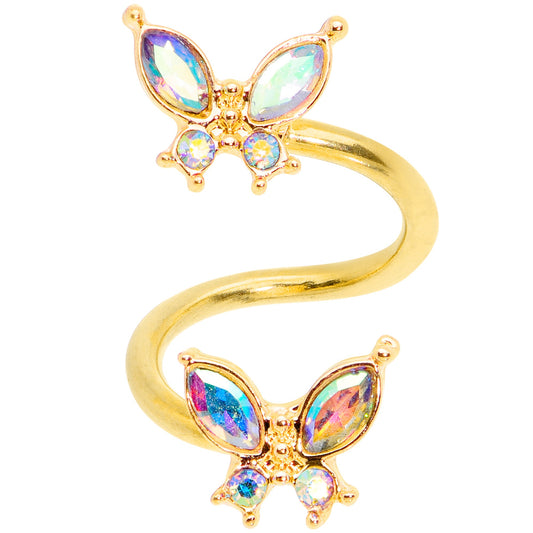 14G 3/8 Aurora Gem Gold Tone Butterfly Spiral Twister Belly Ring