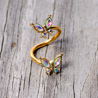 14G 3/8 Aurora Gem Gold Tone Butterfly Spiral Twister Belly Ring