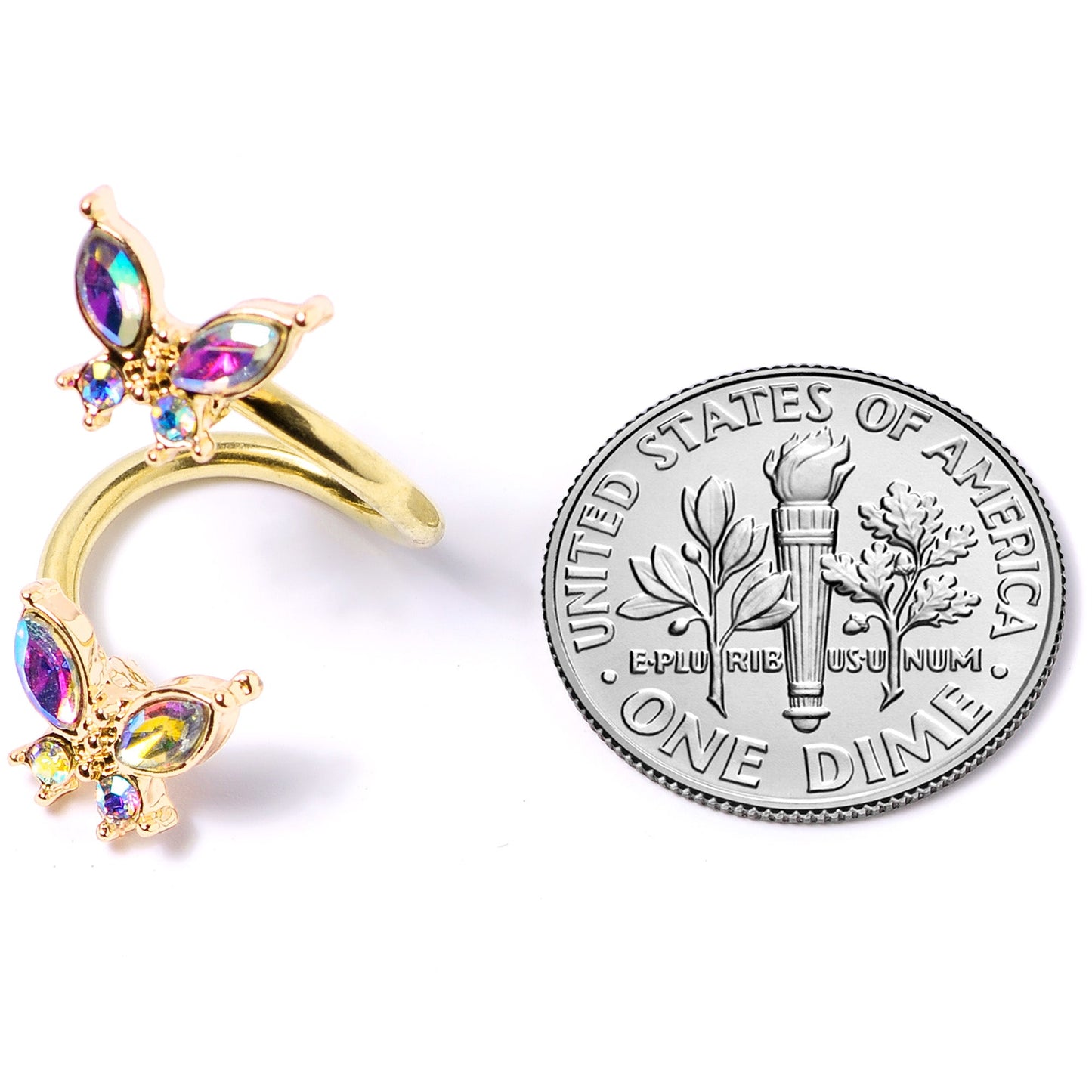 14G 3/8 Aurora Gem Gold Tone Butterfly Spiral Twister Belly Ring