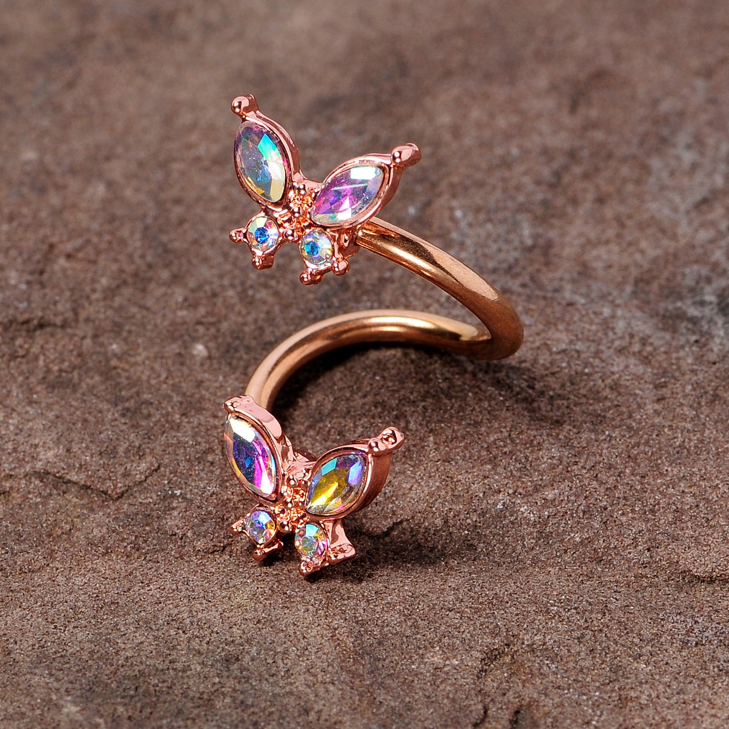 14G 3/8 Aurora Gem Rose Gold Tone Butterfly Spiral Twister Ring
