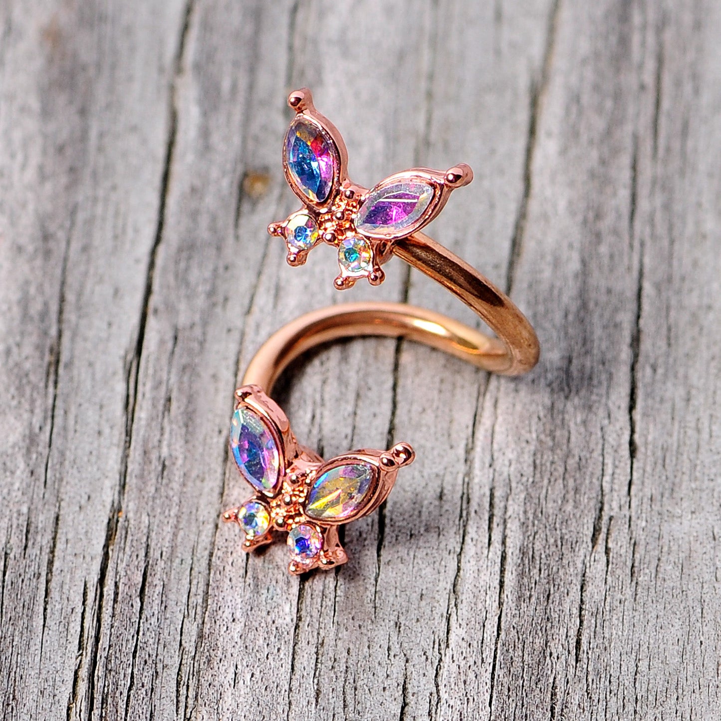 14G 3/8 Aurora Gem Rose Gold Tone Butterfly Spiral Twister Ring