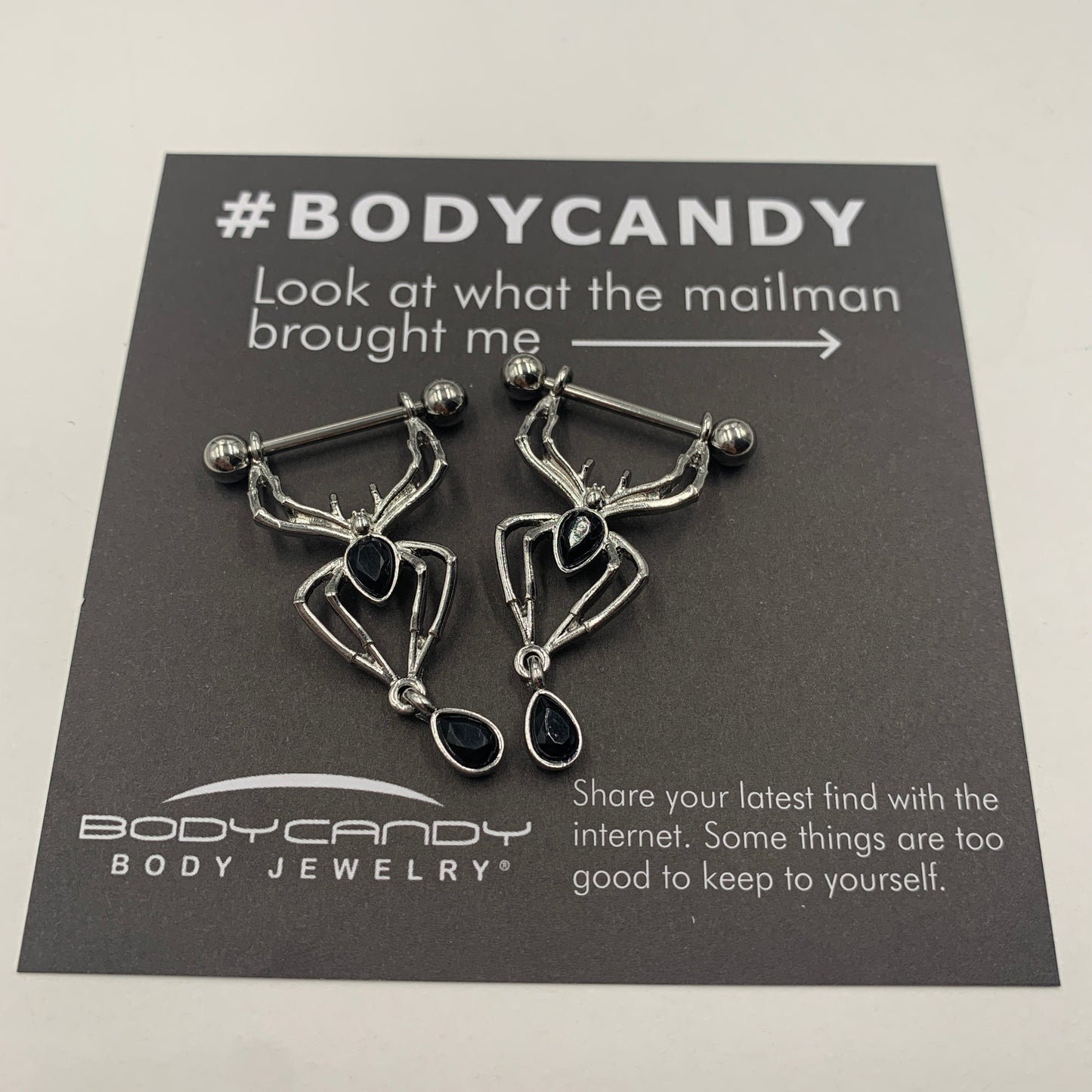 14G 9/16 Black Gem Spider Halloween Dangle Nipple Ring Set