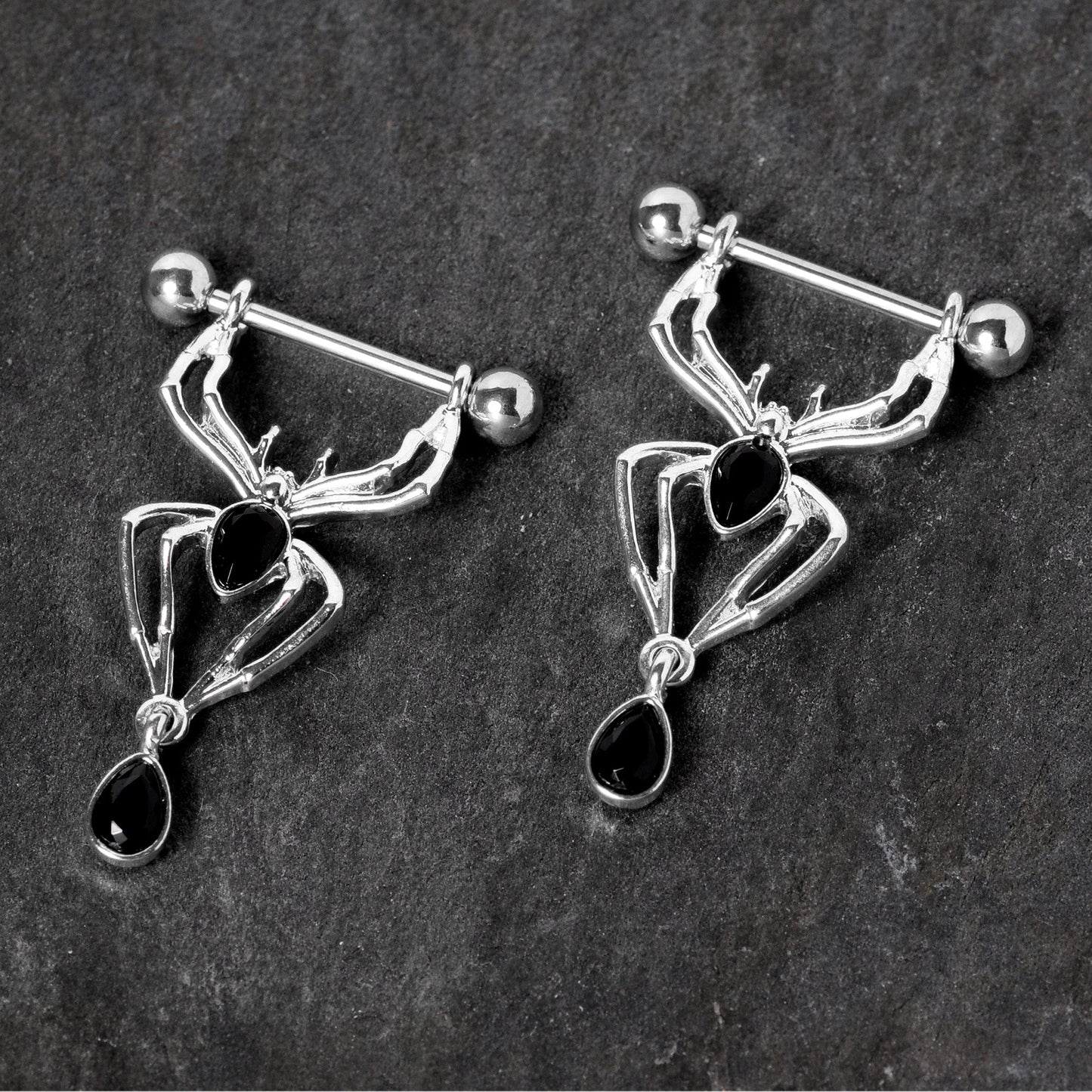 14G 9/16 Black Gem Spider Halloween Dangle Nipple Ring Set