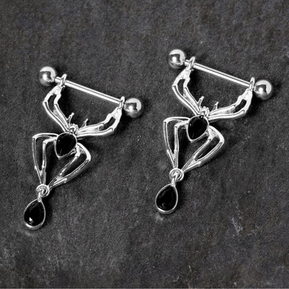 14G 9/16 Black Gem Spider Halloween Dangle Nipple Ring Set