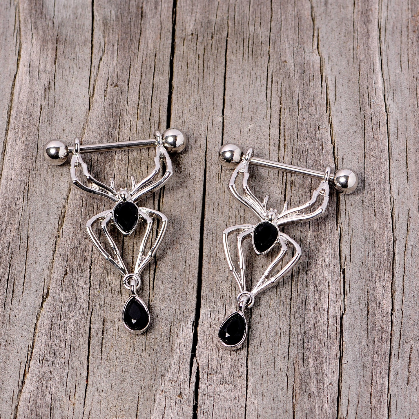 14G 9/16 Black Gem Spider Halloween Dangle Nipple Ring Set