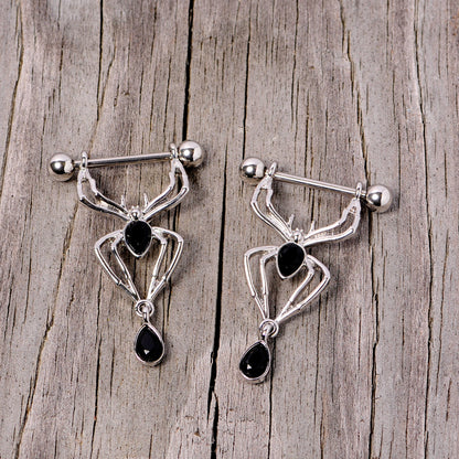 14G 9/16 Black Gem Spider Halloween Dangle Nipple Ring Set