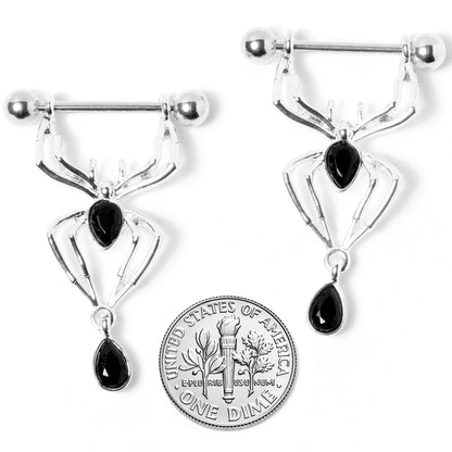 14G 9/16 Black Gem Spider Halloween Dangle Nipple Ring Set