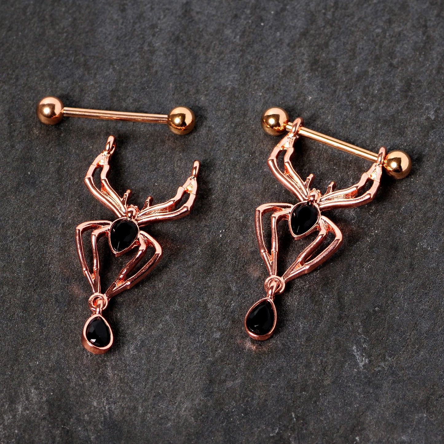 9/16 Rose Gold Tone Black Gem Spider Halloween Dangle Nipple Ring Set