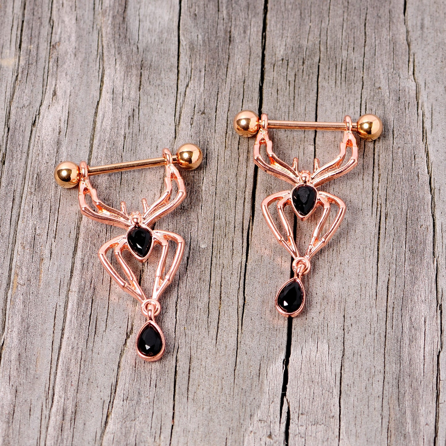 9/16 Rose Gold Tone Black Gem Spider Halloween Dangle Nipple Ring Set