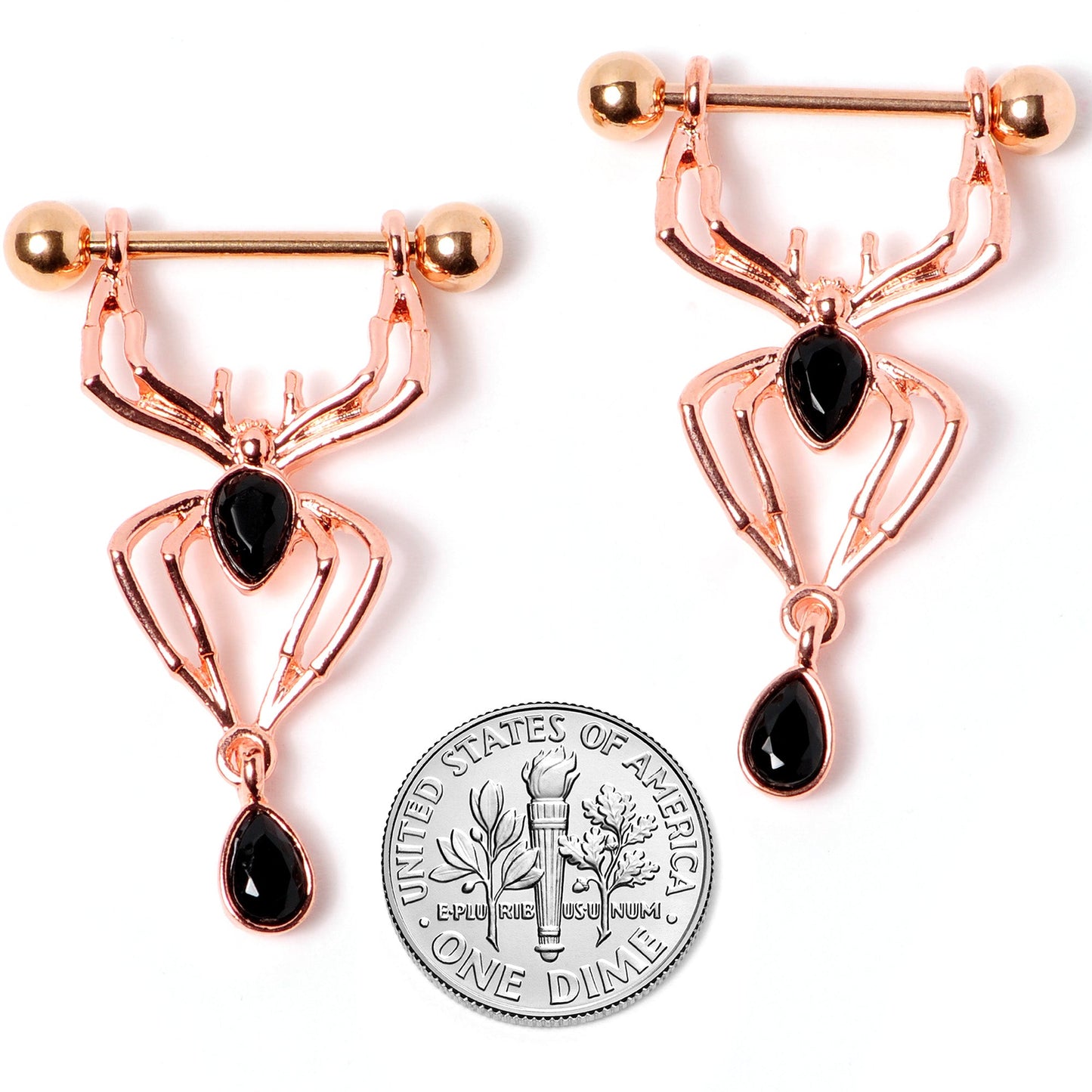 9/16 Rose Gold Tone Black Gem Spider Halloween Dangle Nipple Ring Set