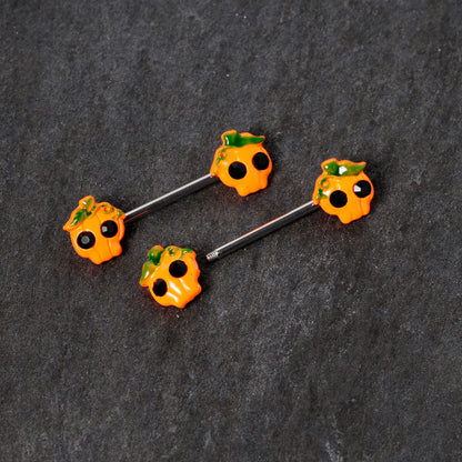 14G 5/8 Orange Jack O Lantern Pumpkin Halloween Nipple Ring Set