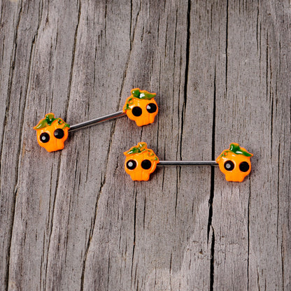 14G 5/8 Orange Jack O Lantern Pumpkin Halloween Nipple Ring Set