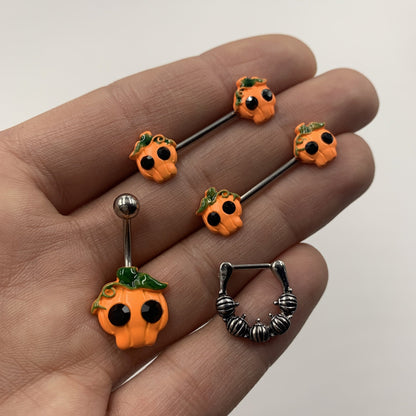 14G 5/8 Orange Jack O Lantern Pumpkin Halloween Nipple Ring Set
