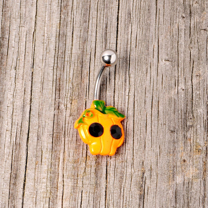 Black Gem Orange Pumpkin Jack O Lantern Halloween Belly Ring
