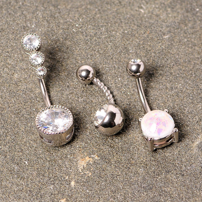 Clear Gem White Faux Opal Twisted Belly Ring Set of 3
