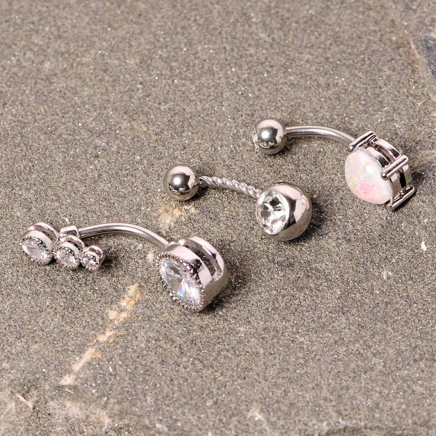 Clear Gem White Faux Opal Twisted Belly Ring Set of 3