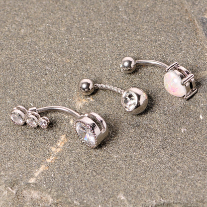 Clear Gem White Faux Opal Twisted Belly Ring Set of 3