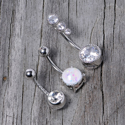 Clear Gem White Faux Opal Twisted Belly Ring Set of 3