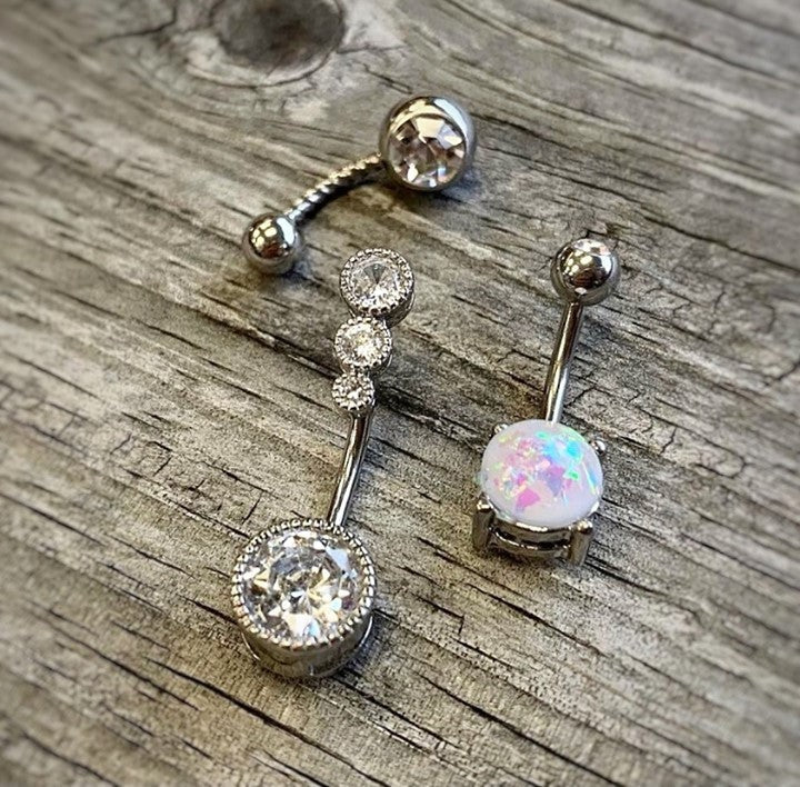 Clear Gem White Faux Opal Twisted Belly Ring Set of 3