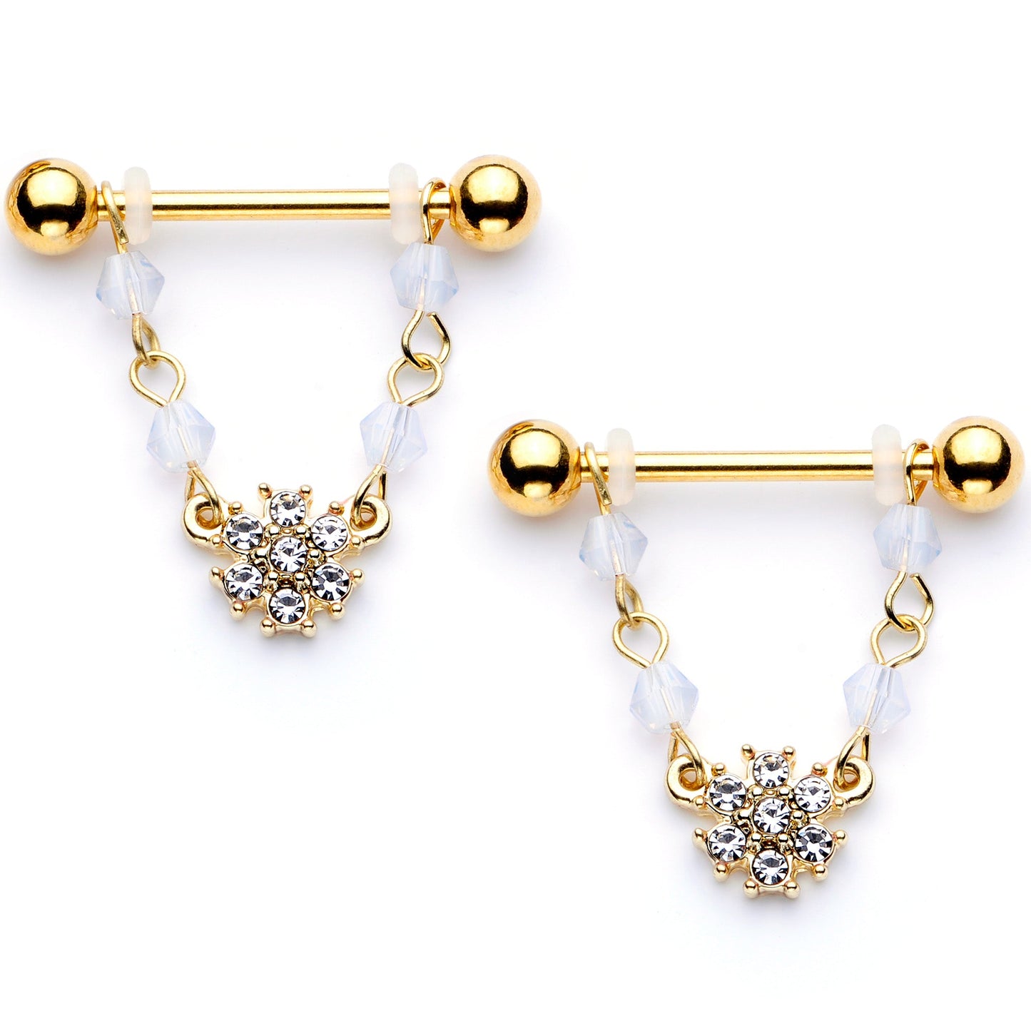 14G 5/8 Clear Gem Gold Tone Dainty Flower Dangle Nipple Ring Set