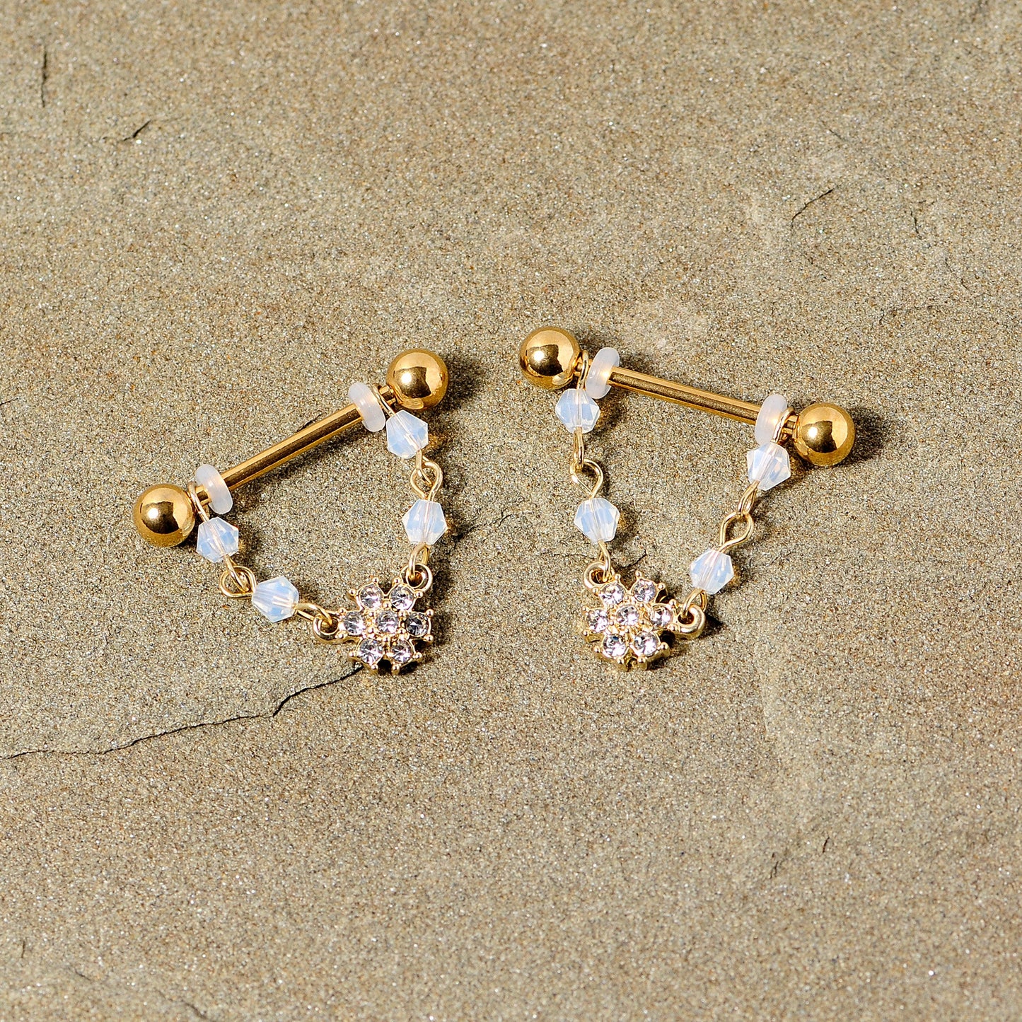 14G 5/8 Clear Gem Gold Tone Dainty Flower Dangle Nipple Ring Set