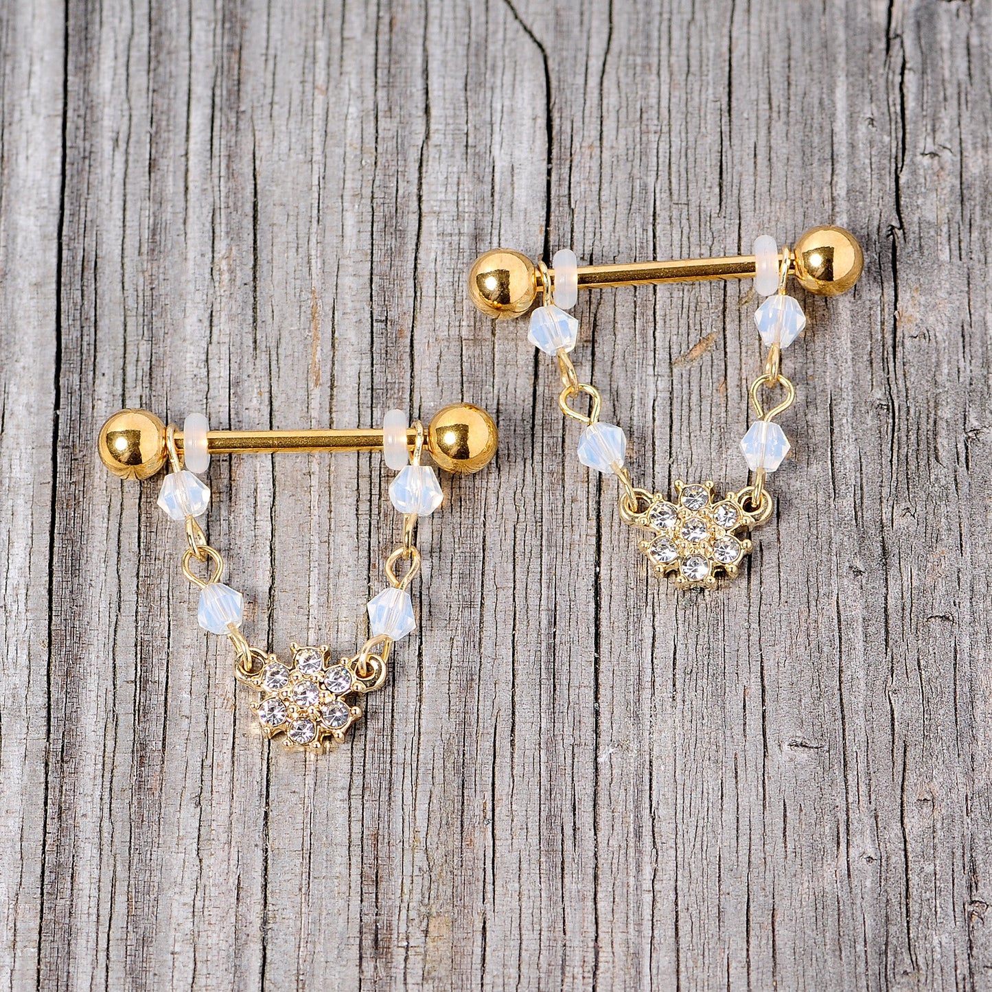 14G 5/8 Clear Gem Gold Tone Dainty Flower Dangle Nipple Ring Set