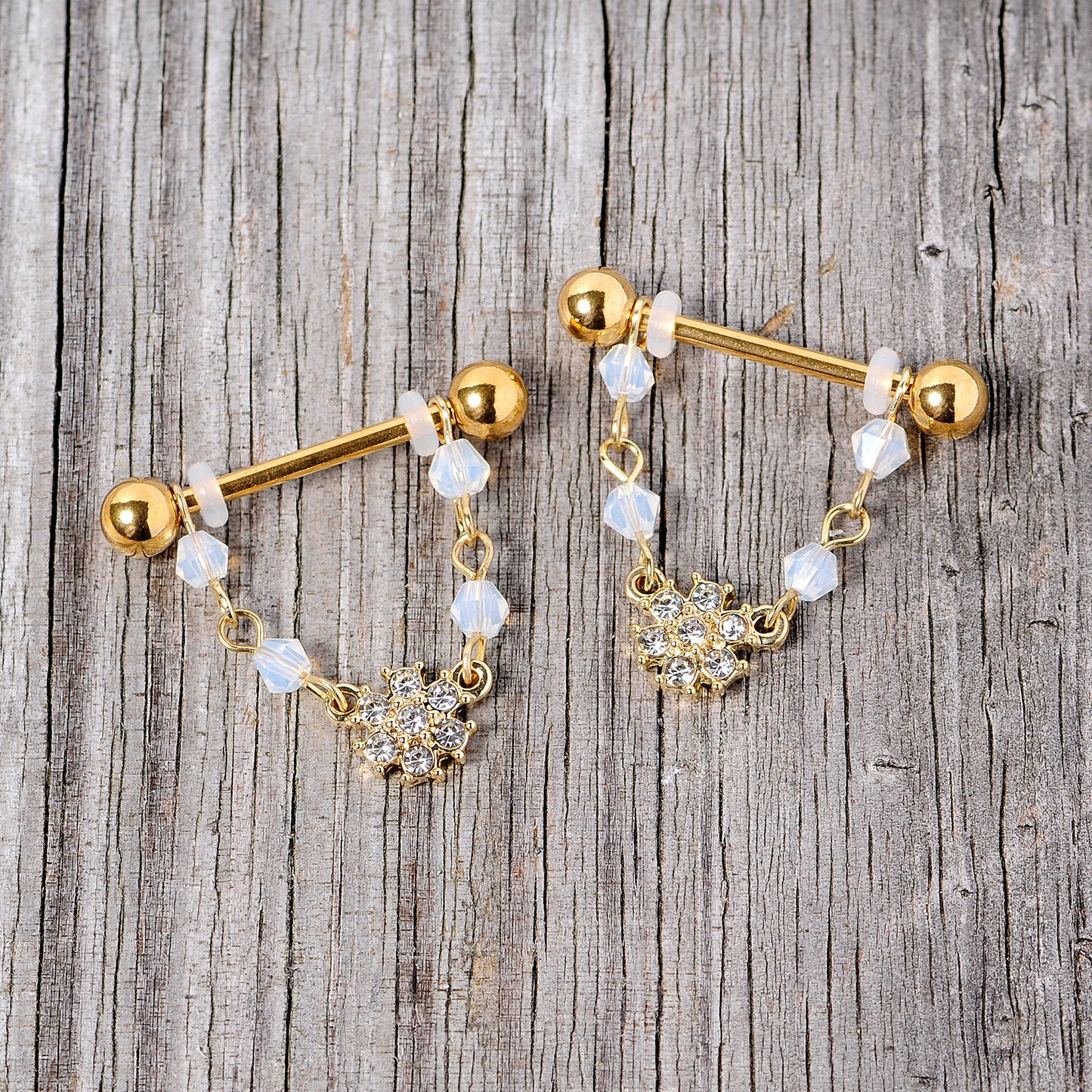 14G 5/8 Clear Gem Gold Tone Dainty Flower Dangle Nipple Ring Set