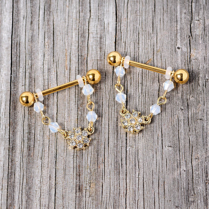 14G 5/8 Clear Gem Gold Tone Dainty Flower Dangle Nipple Ring Set
