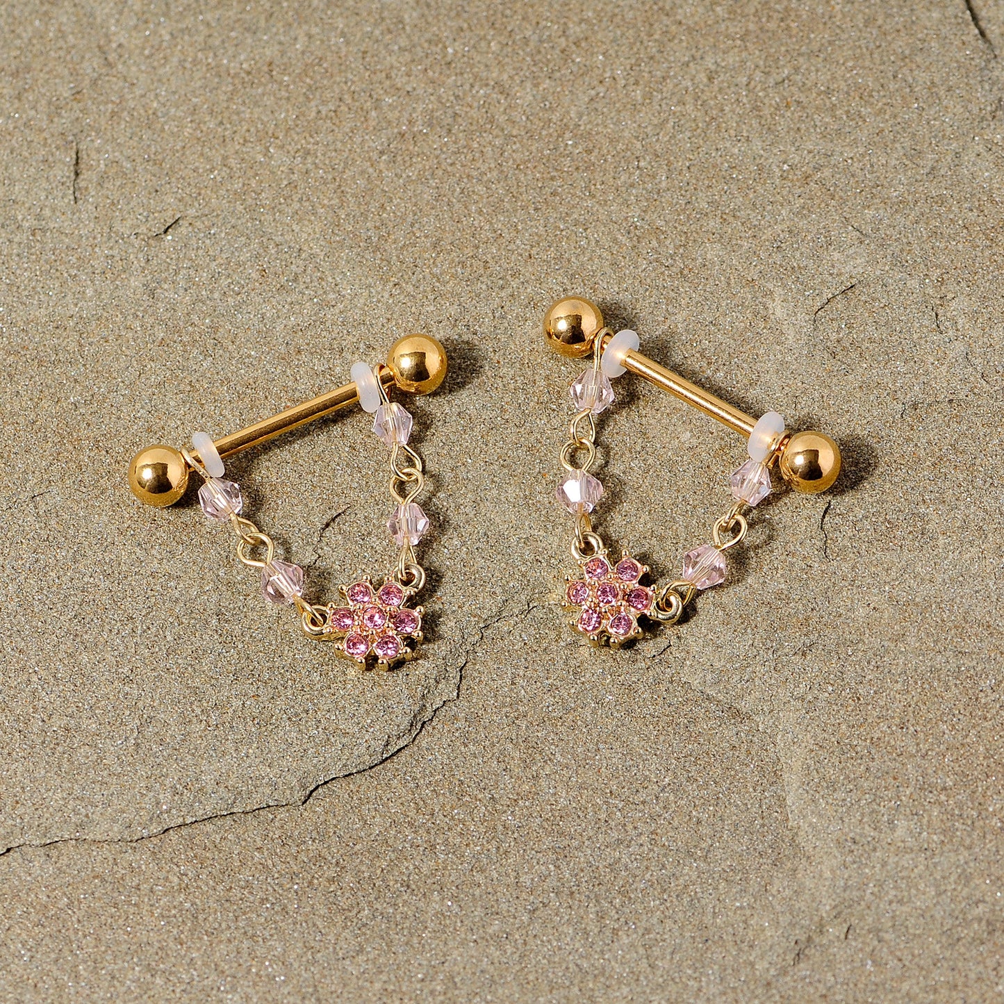 14G 5/8 Pink Gem Gold Tone Dainty Flower Dangle Nipple Ring Set