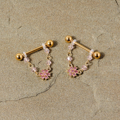 14G 5/8 Pink Gem Gold Tone Dainty Flower Dangle Nipple Ring Set