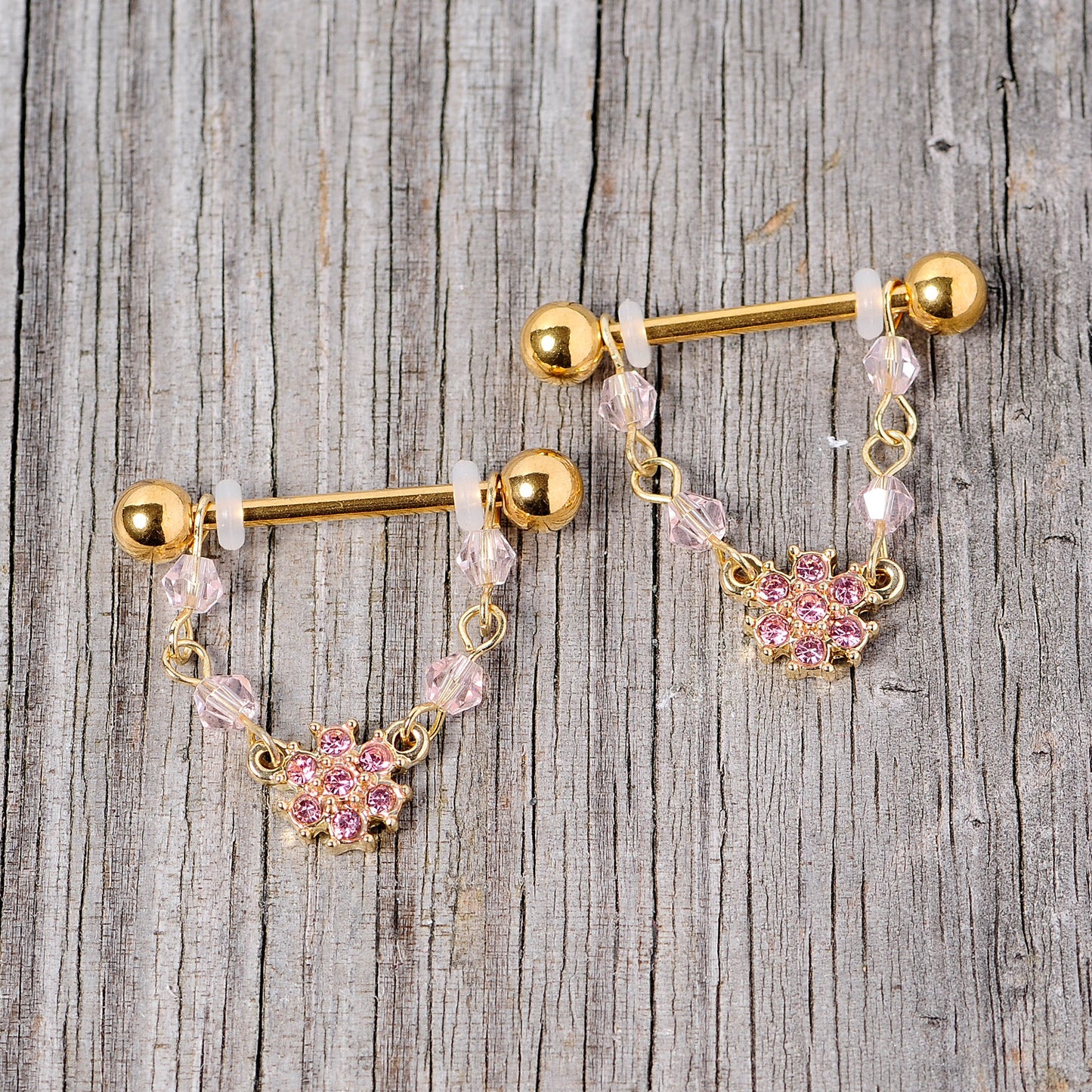 14G 5/8 Pink Gem Gold Tone Dainty Flower Dangle Nipple Ring Set