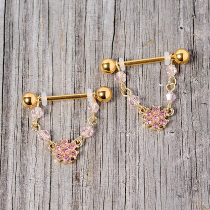 14G 5/8 Pink Gem Gold Tone Dainty Flower Dangle Nipple Ring Set