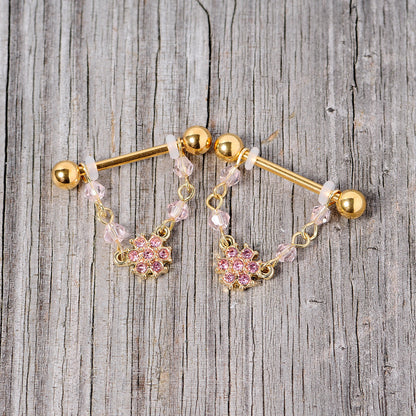 14G 5/8 Pink Gem Gold Tone Dainty Flower Dangle Nipple Ring Set
