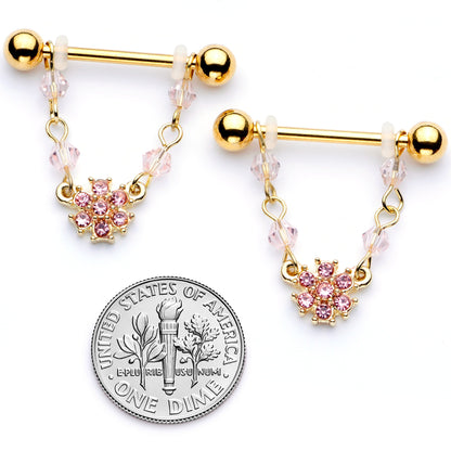 14G 5/8 Pink Gem Gold Tone Dainty Flower Dangle Nipple Ring Set