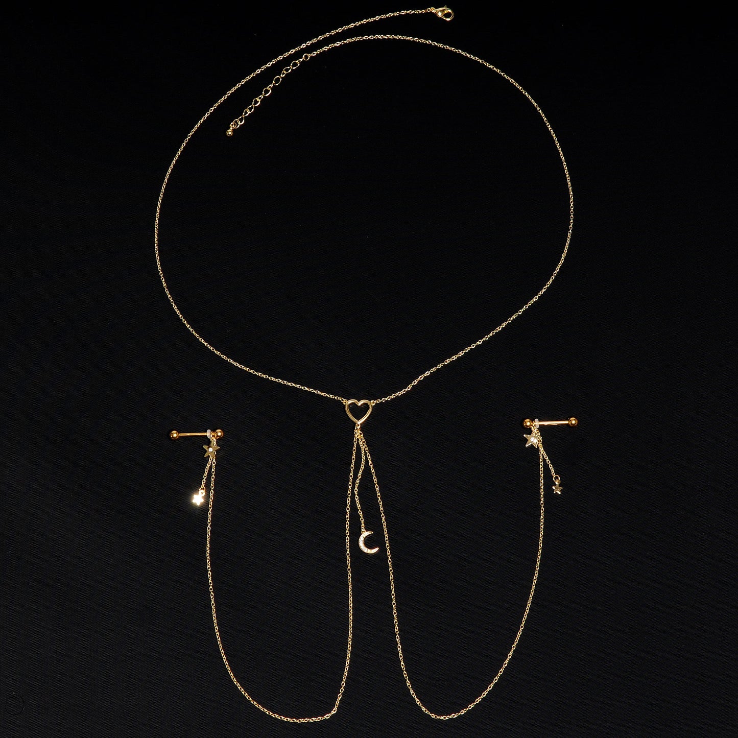 14G 5/8 Clear Gem Gold Tone Heart Star Nipple Chain Necklace