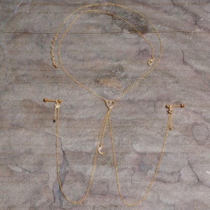 14G 5/8 Clear Gem Gold Tone Heart Star Nipple Chain Necklace