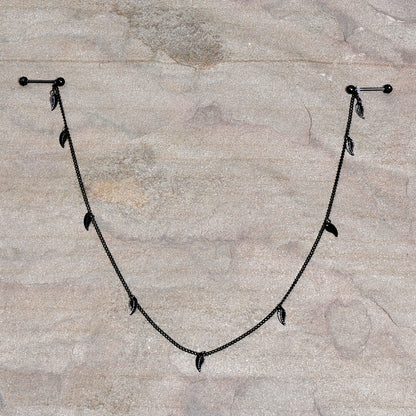 14G 5/8 Black Gem Black Autumn Leaves Dangle Nipple Chain