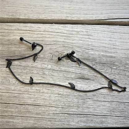 14G 5/8 Black Gem Black Autumn Leaves Dangle Nipple Chain
