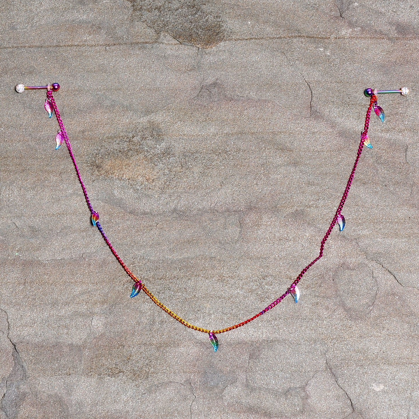 14G 5/8 Clear Gem Rainbow Autumn Leaves Dangle Nipple Chain