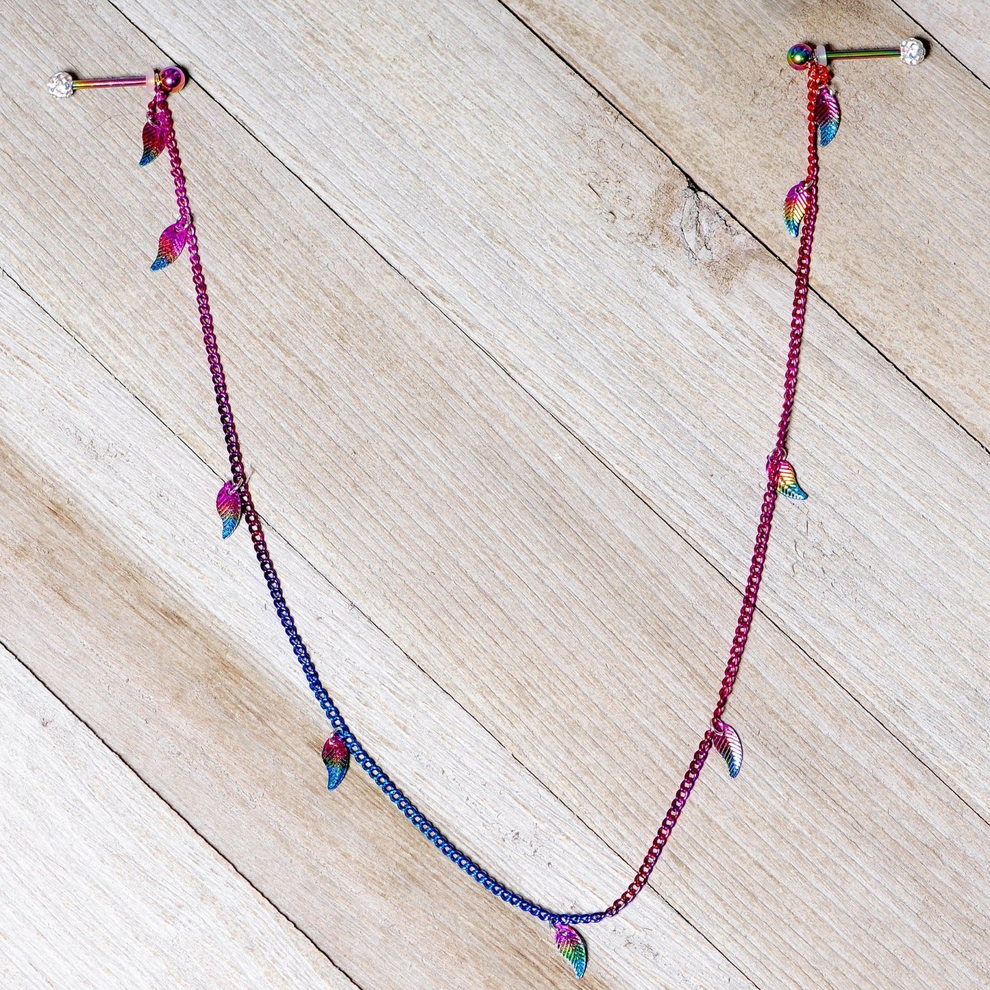 14G 5/8 Clear Gem Rainbow Autumn Leaves Dangle Nipple Chain