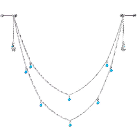 14G 5/8 Blue Gem Moon Star Double Dangle Nipple Chain